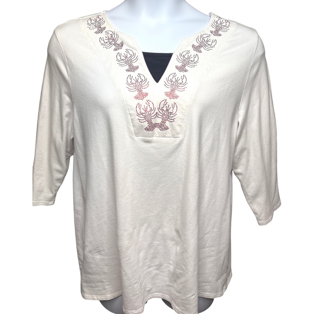 CAL STYLE White Red Rhinestone Lobster Top 2XL Coastal Grandmother Beachy Preppy